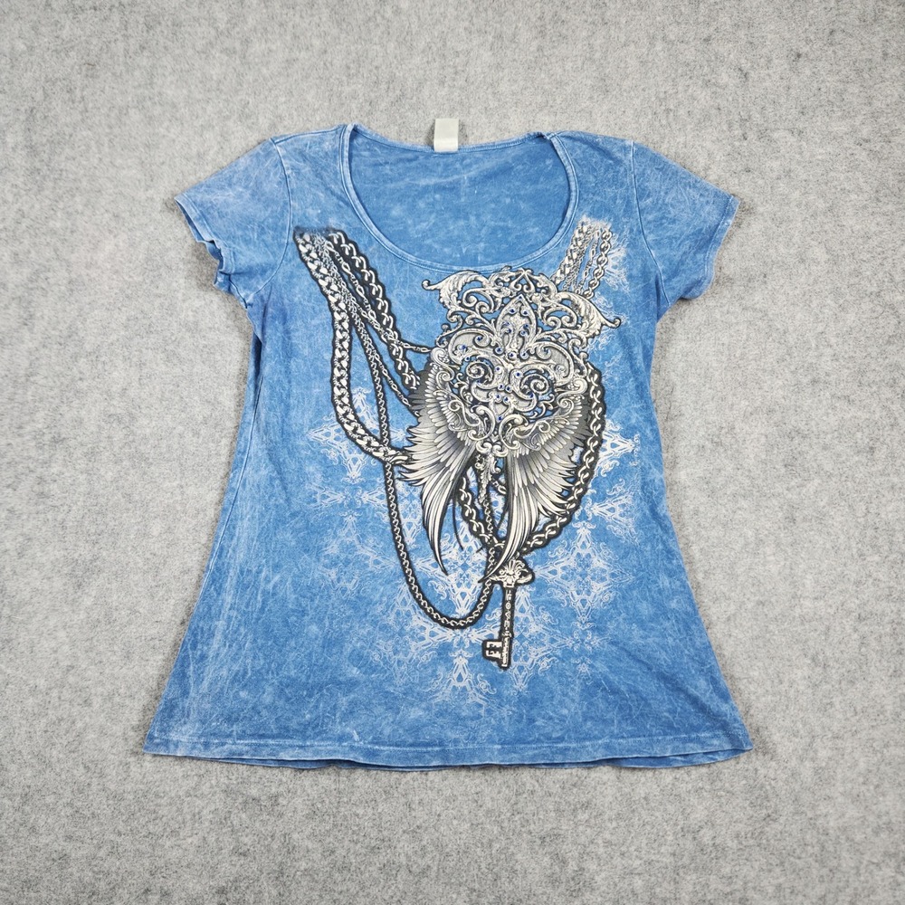 Liberty Wear T-Shirt Women Large Blue Acid Wash Rhinestone Wing Cross Y2K